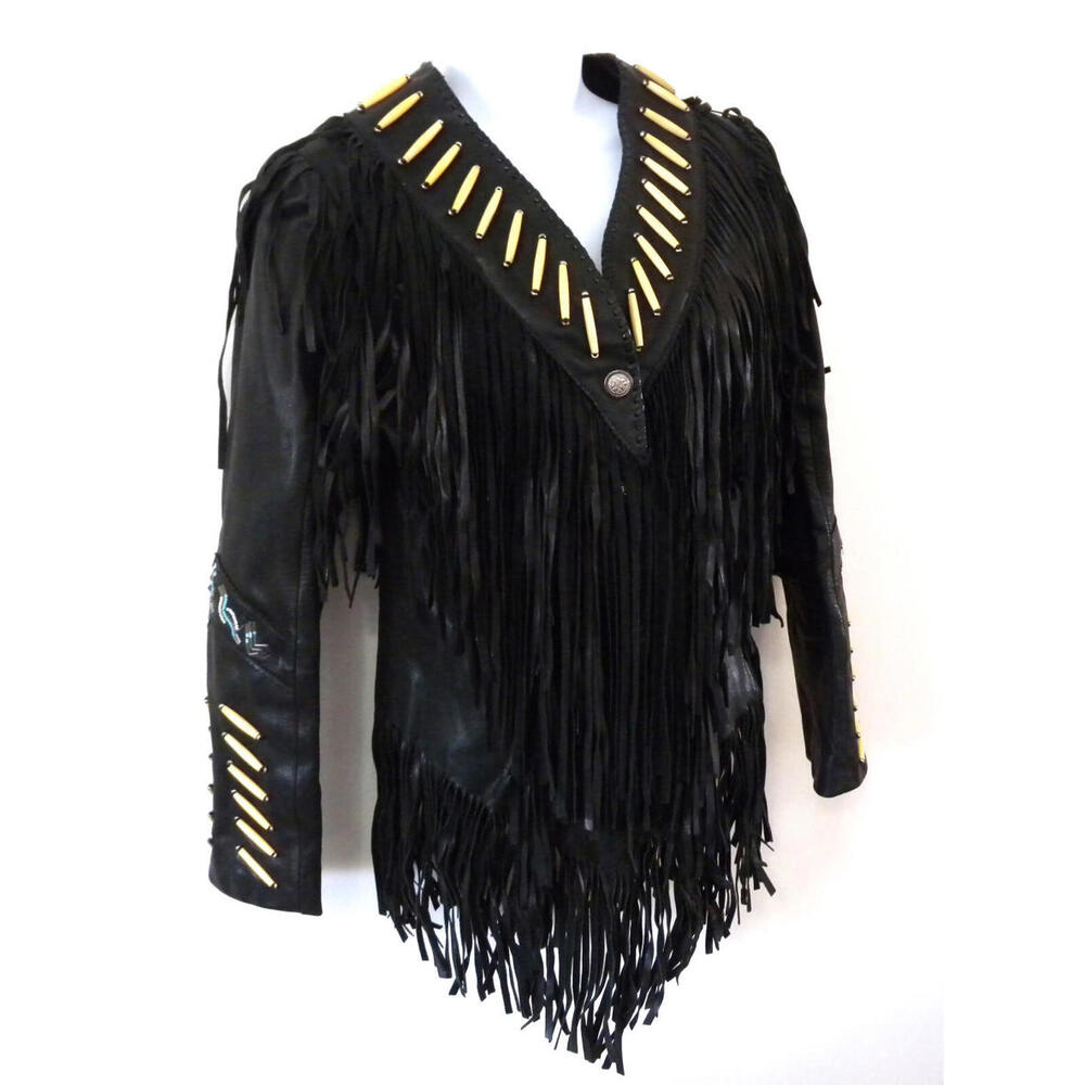A. M. Bernardo Women's Black Leather Beaded Fringe Hippie Motorcycle Jacket XS - Picture 1 of 9